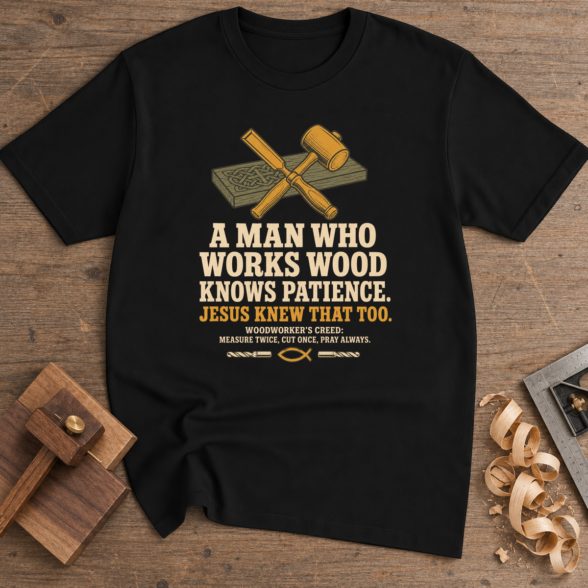 A Man Who Works Wood Knows Patience T-Shirt — Black