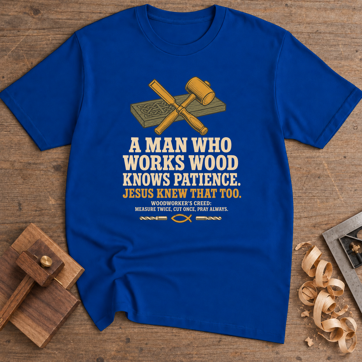 A Man Who Works Wood Knows Patience T-Shirt — Royal