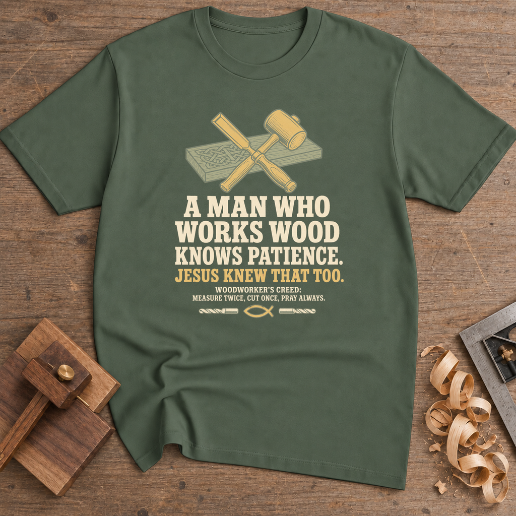 A Man Who Works Wood Knows Patience T-Shirt — Military Green
