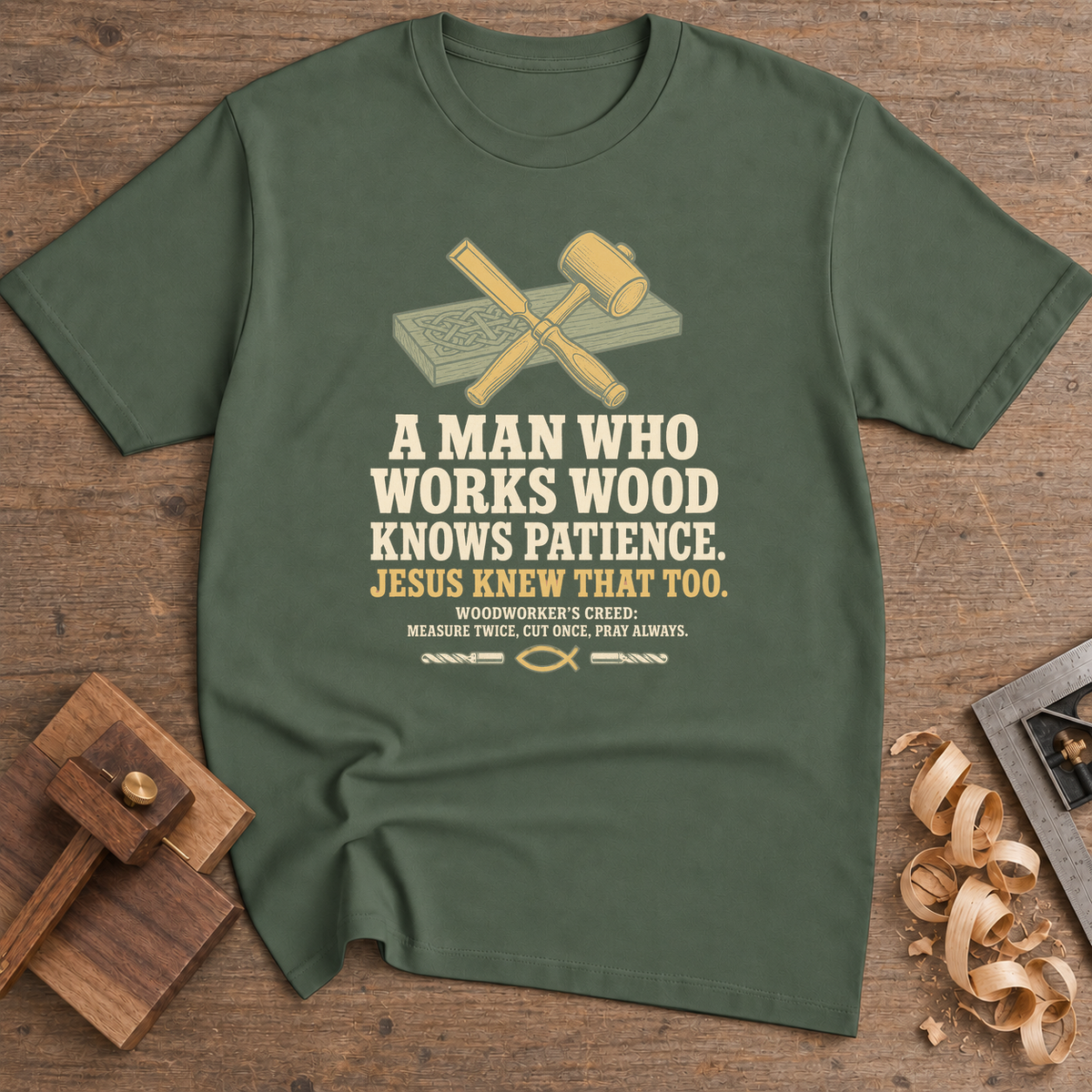 A Man Who Works Wood Knows Patience T-Shirt — Military Green