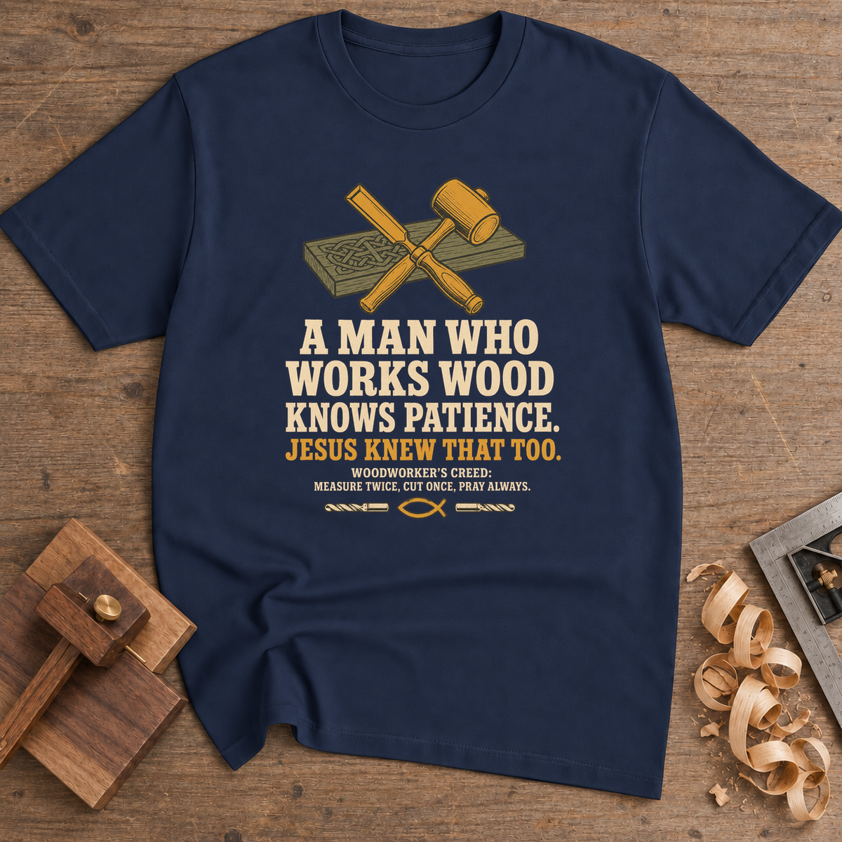 A Man Who Works Wood Knows Patience T-Shirt — Navy