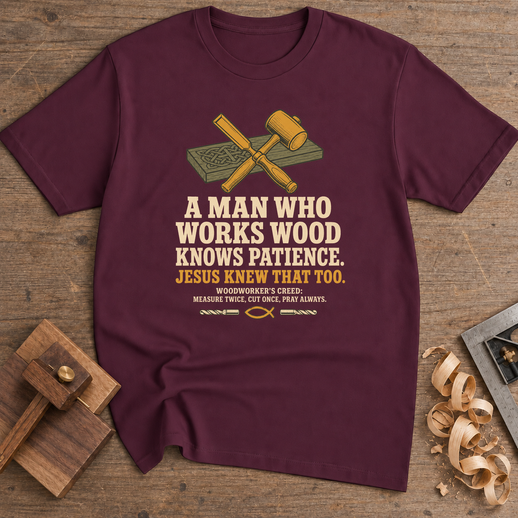 A Man Who Works Wood Knows Patience T-Shirt — Maroon