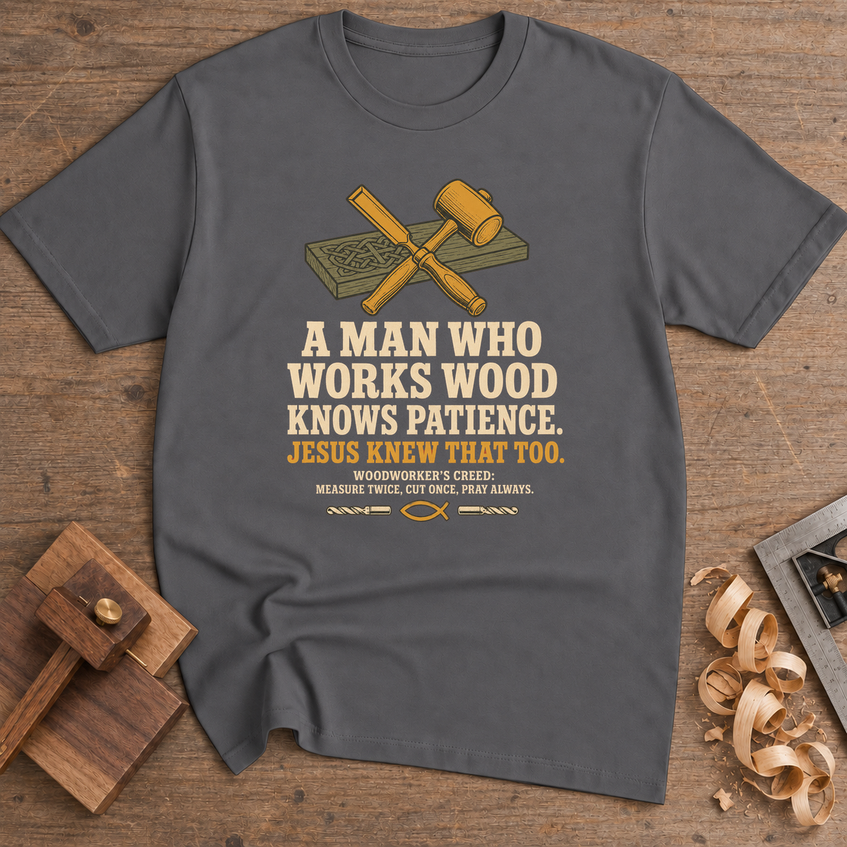 A Man Who Works Wood Knows Patience T-Shirt — Charcoal