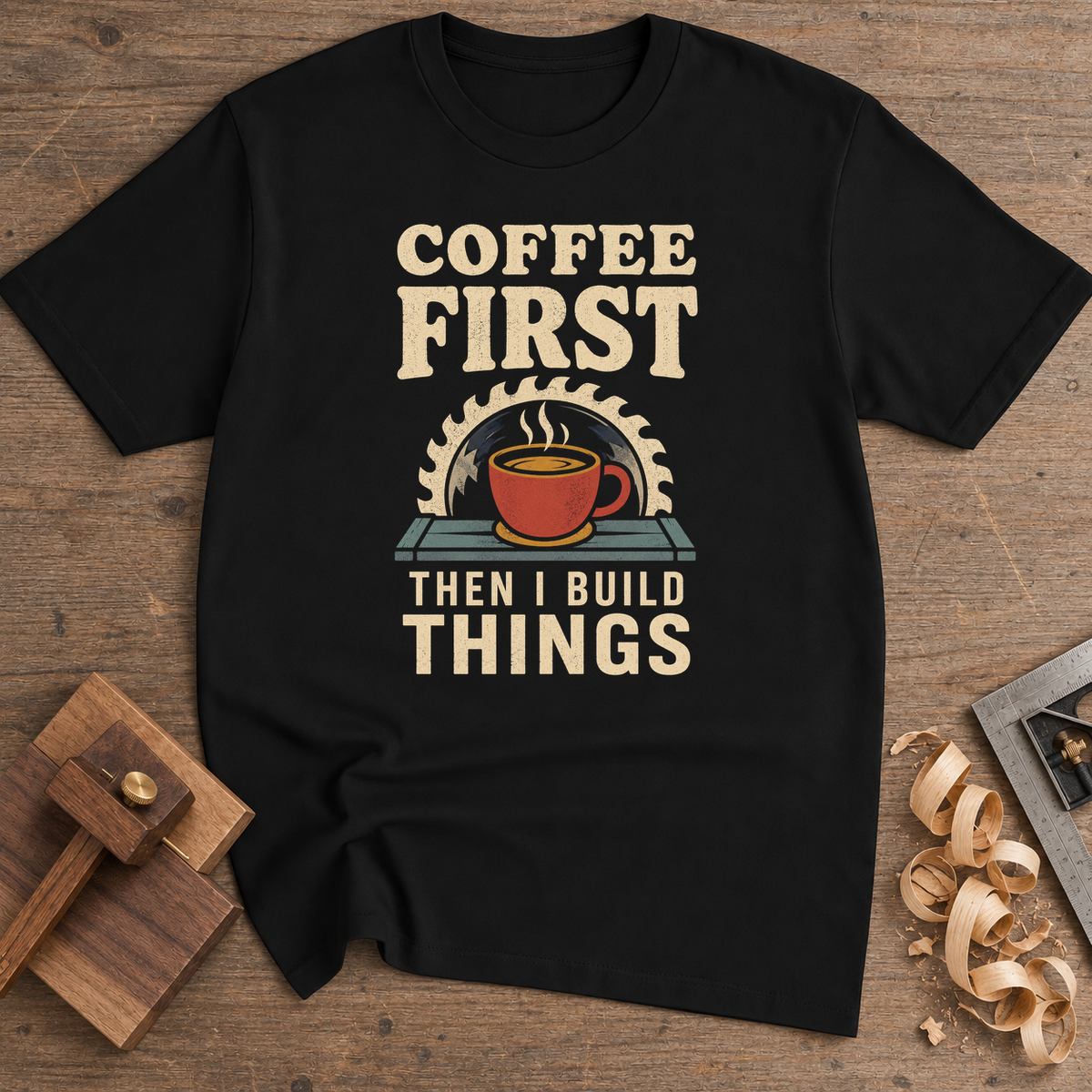 Coffee First Then I Build Things T-Shirt — Black