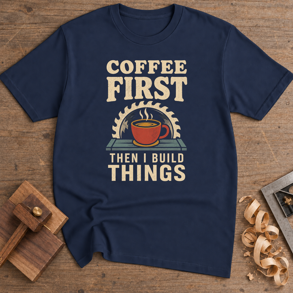 Coffee First Then I Build Things T-Shirt — Navy