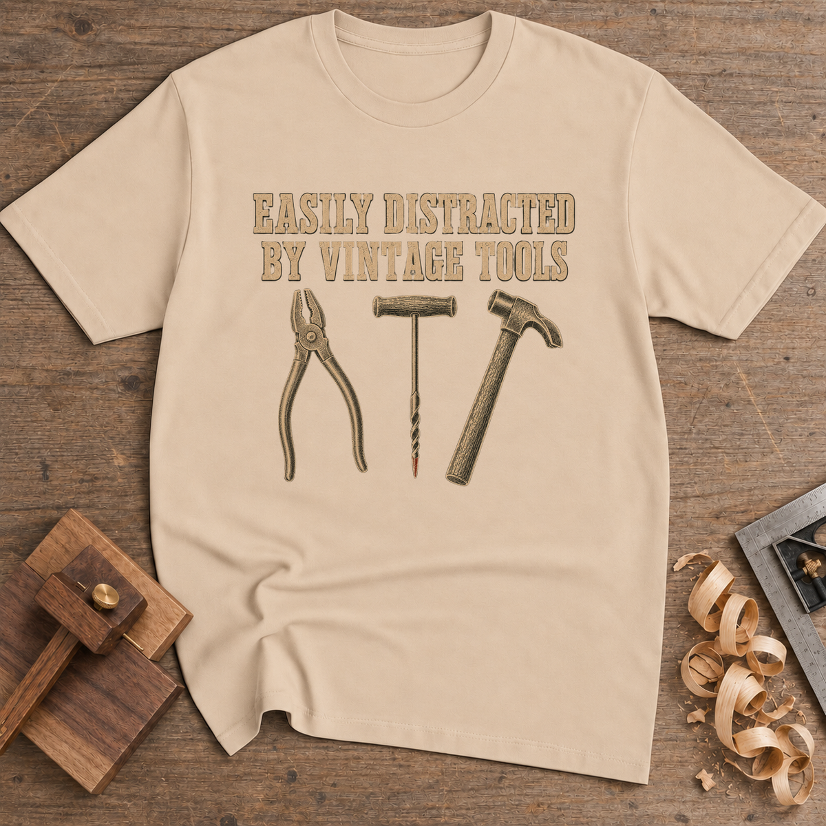Easily Distracted by Vintage Tools T-Shirt — Natural