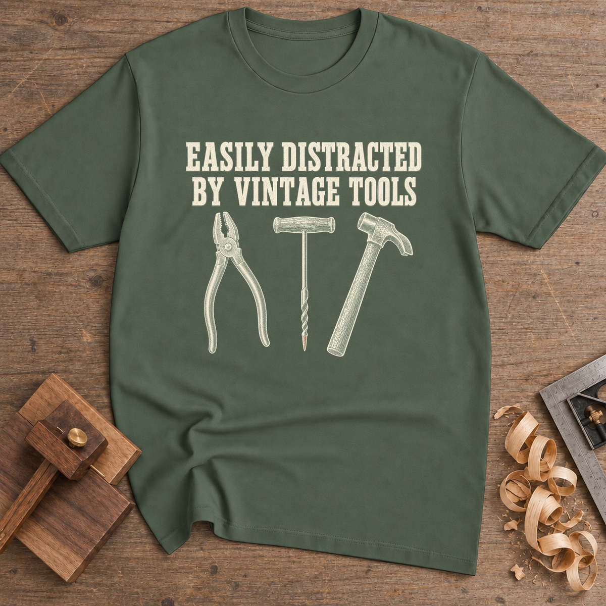 Easily Distracted by Vintage Tools T-Shirt — Military Green