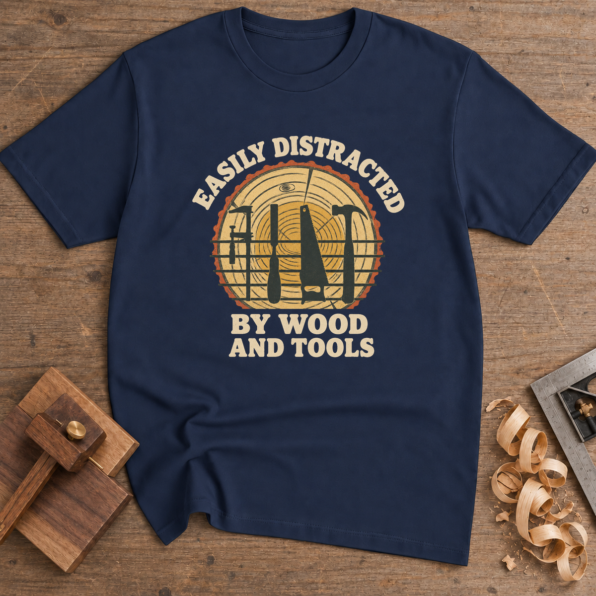 Easily Distracted by Wood and Tools T-Shirt — Navy