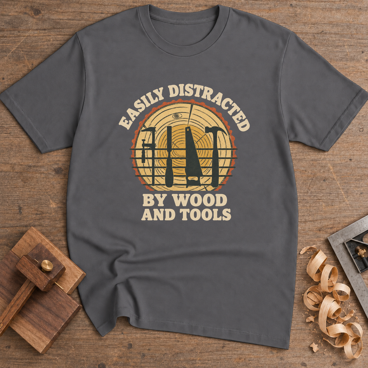Easily Distracted by Wood and Tools T-Shirt — Charcoal