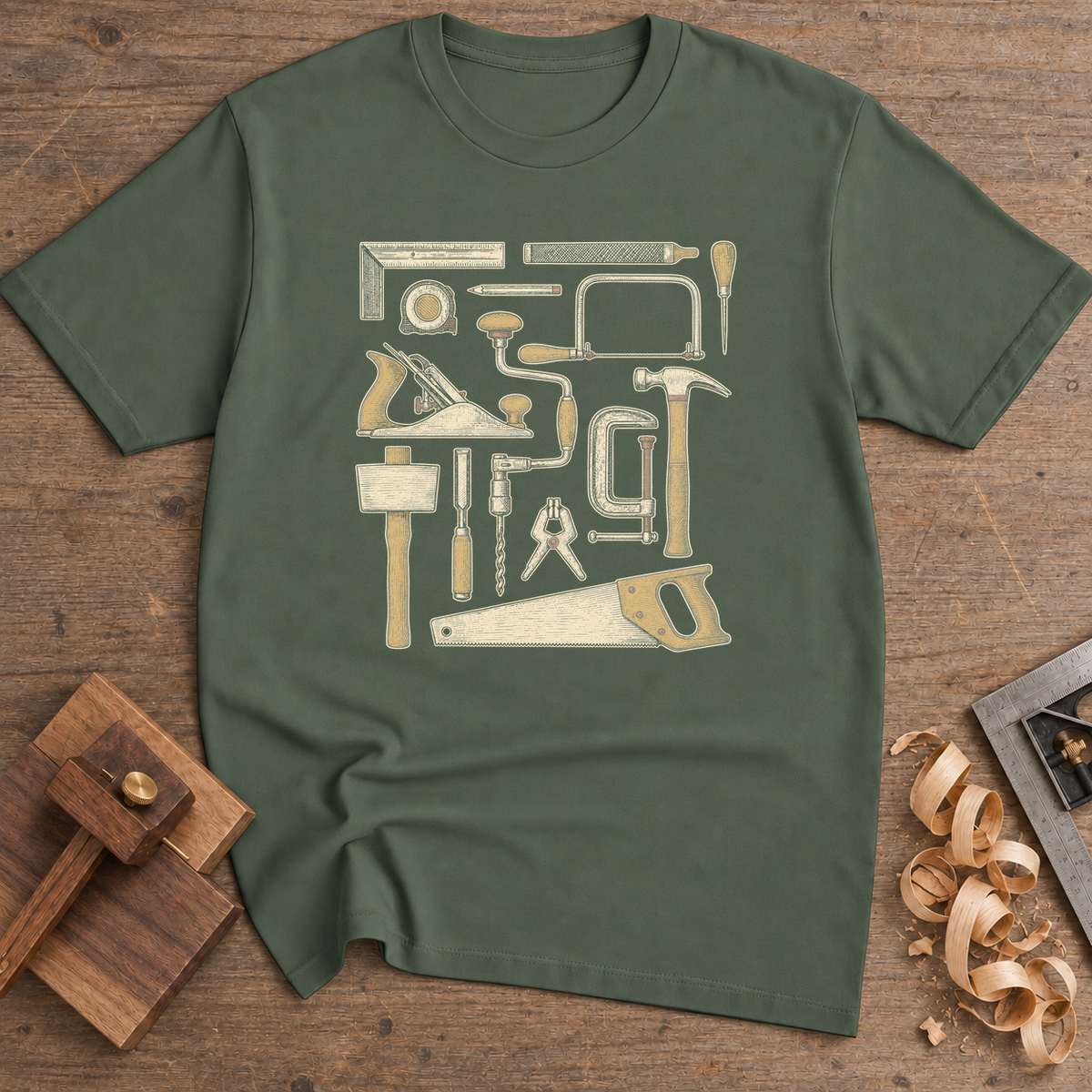 Essential Woodworking Tools T-Shirt — Military Green