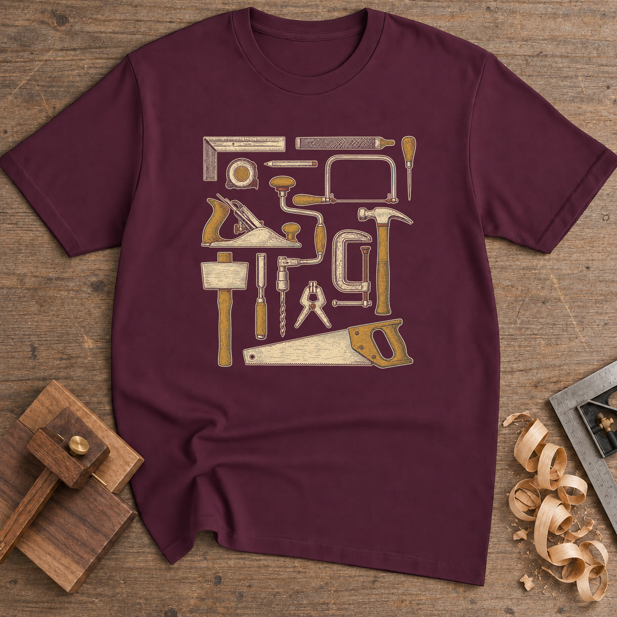 Essential Woodworking Tools T-Shirt — Maroon