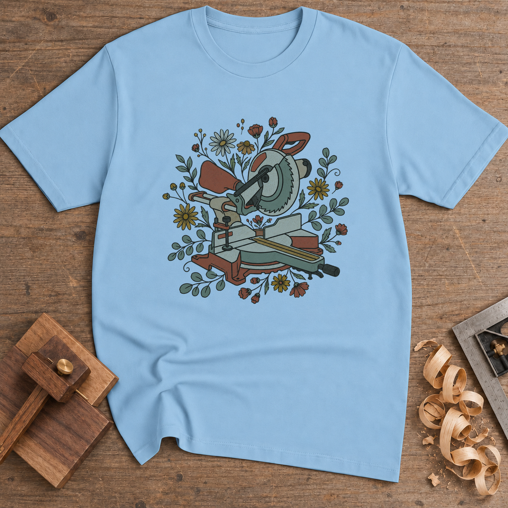 Floral Miter Saw T-Shirt — Light Blue