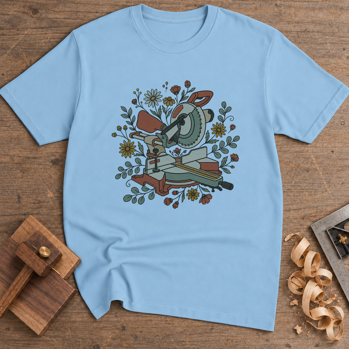 Floral Miter Saw T-Shirt — Light Blue