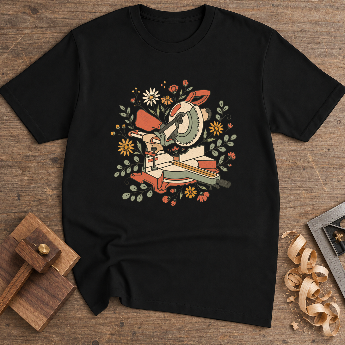 Floral Miter Saw T-Shirt — Black