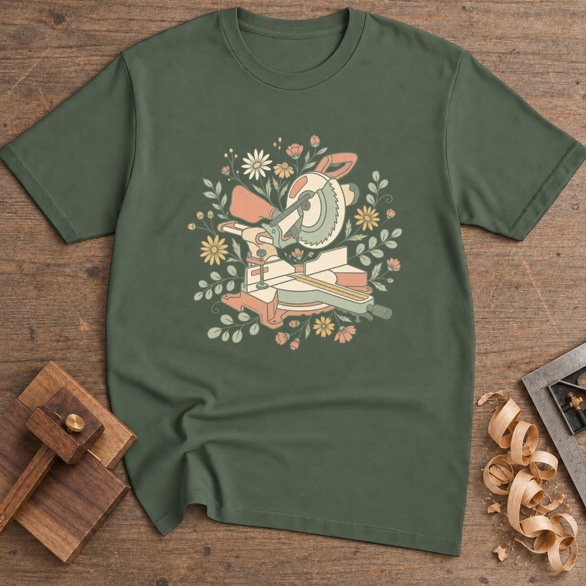 Floral Miter Saw T-Shirt — Military Green