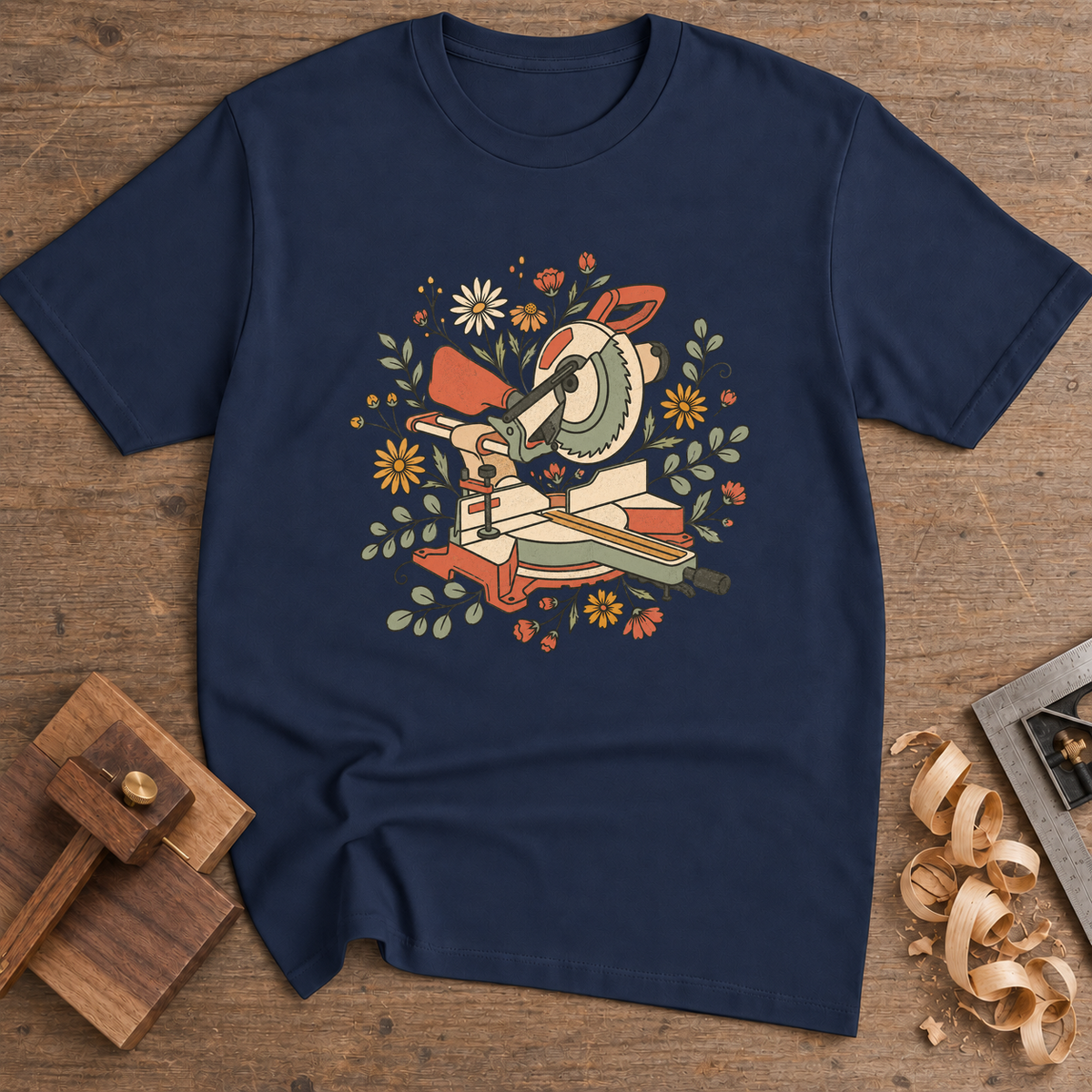 Floral Miter Saw T-Shirt — Navy