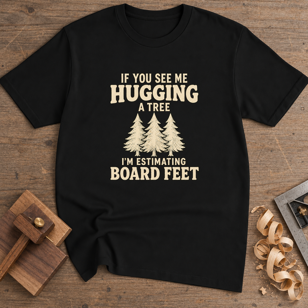 If You See Me Hugging a Tree I'm Estimating Board Feet T-Shirt — Black