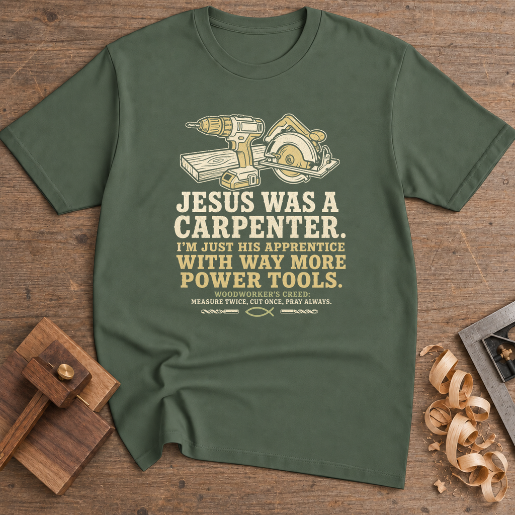 Jesus Was a Carpenter With Way More Power Tools T-Shirt — Military Green