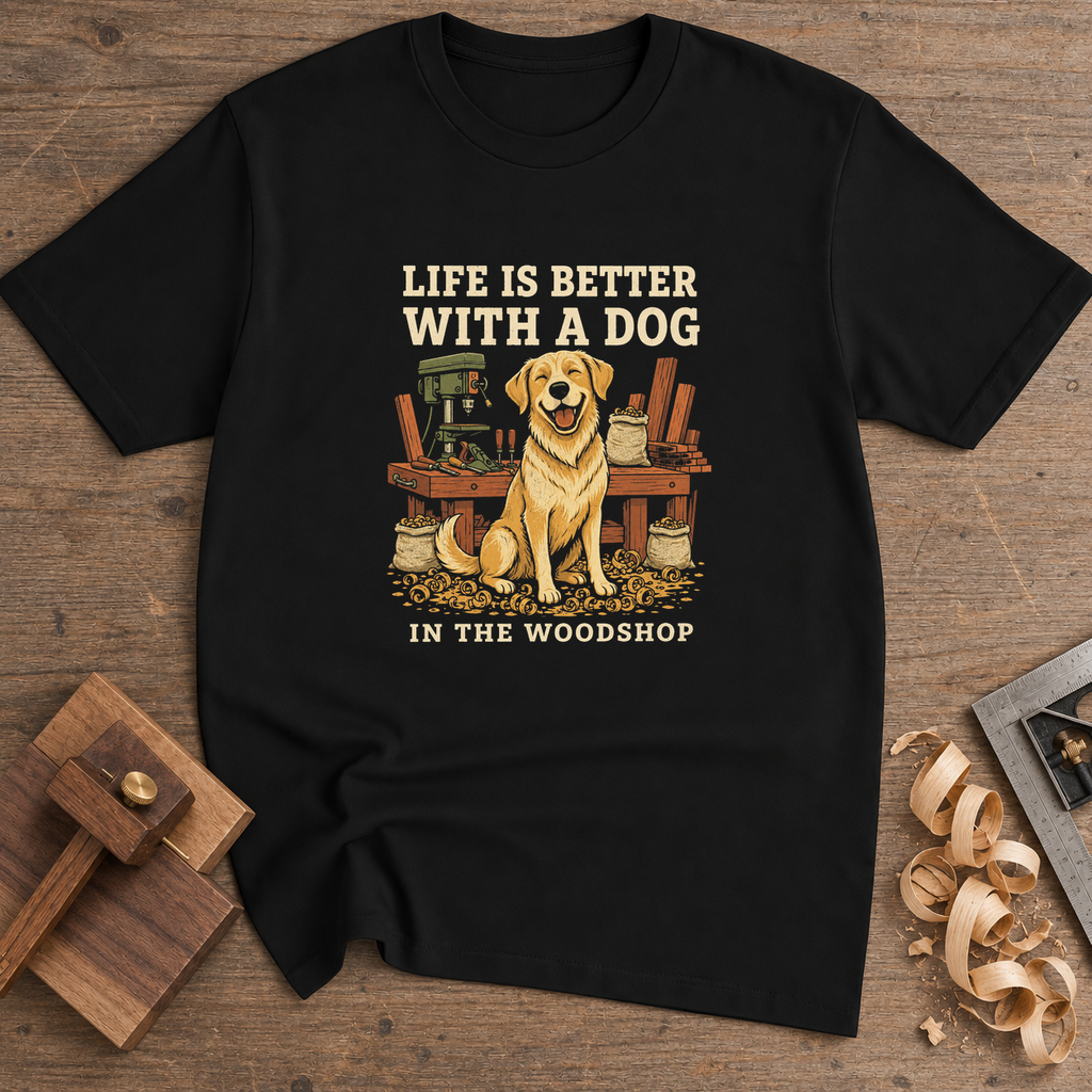 Life Is Better With a Dog in the Woodshop T-Shirt — Black