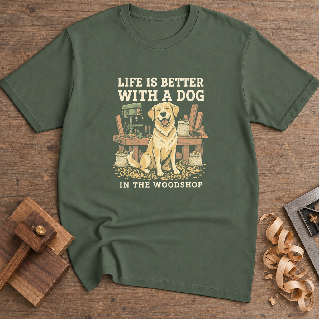 Life Is Better With a Dog in the Woodshop T-Shirt — Military Green