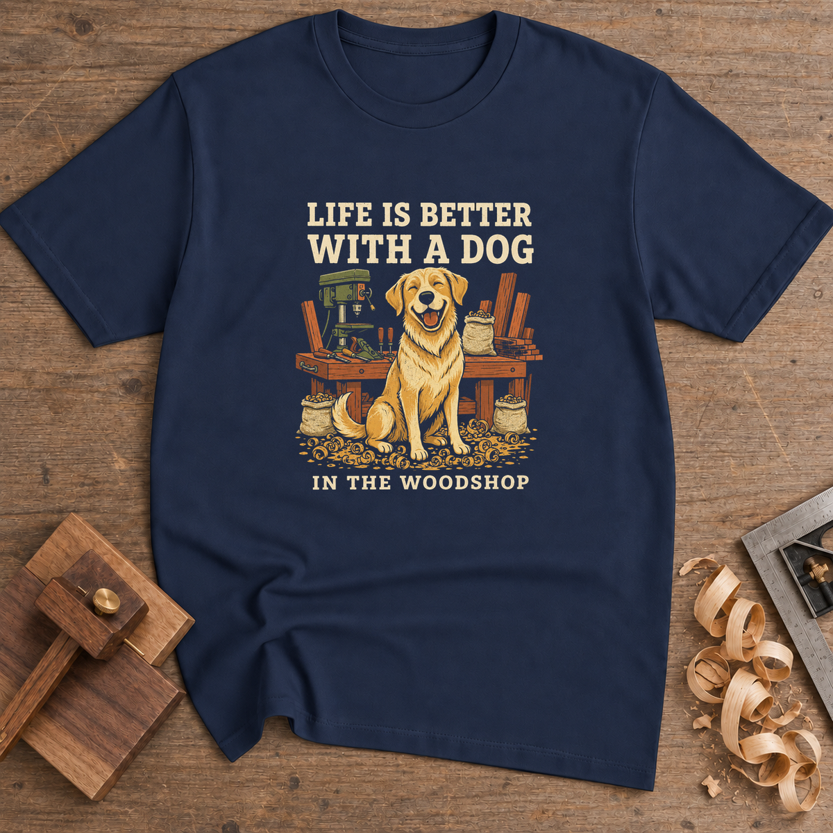 Life Is Better With a Dog in the Woodshop T-Shirt — Navy