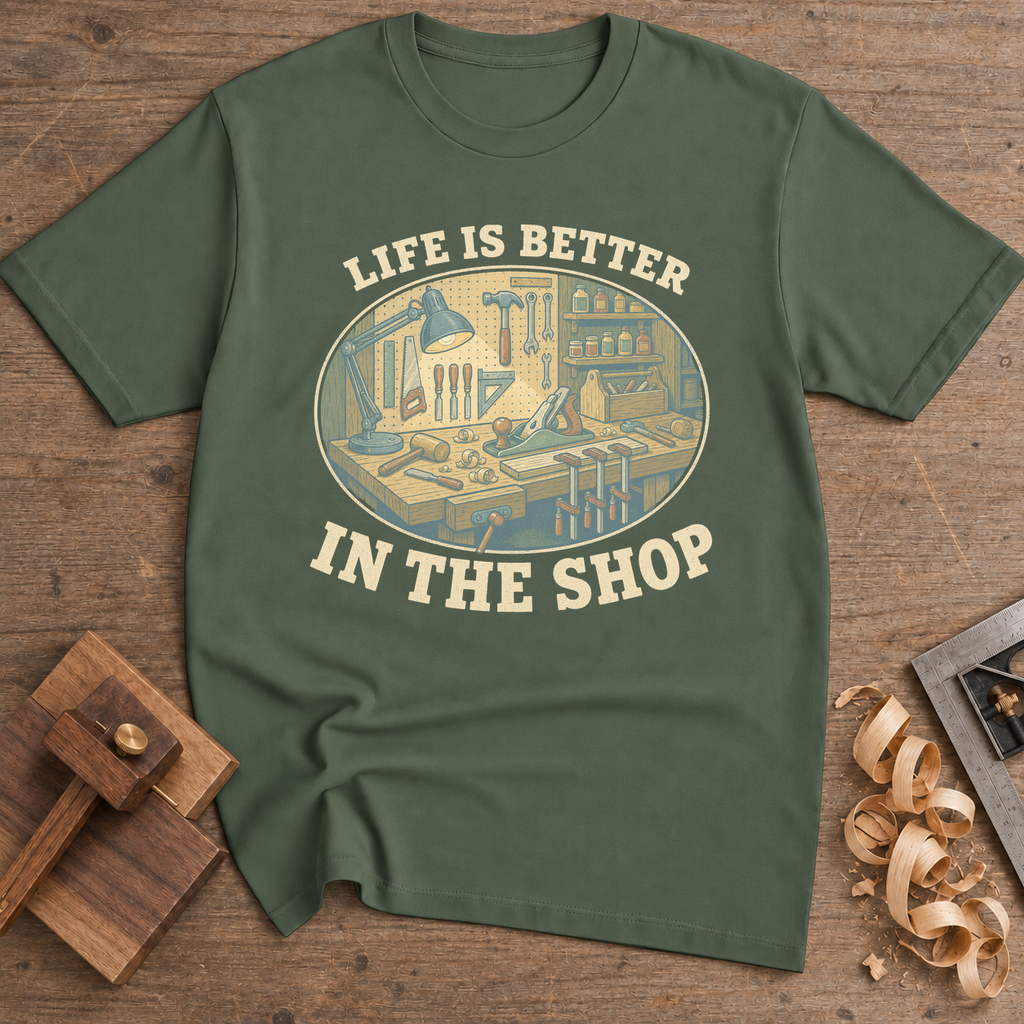 Life Is Better in the Shop T-Shirt — Military Green