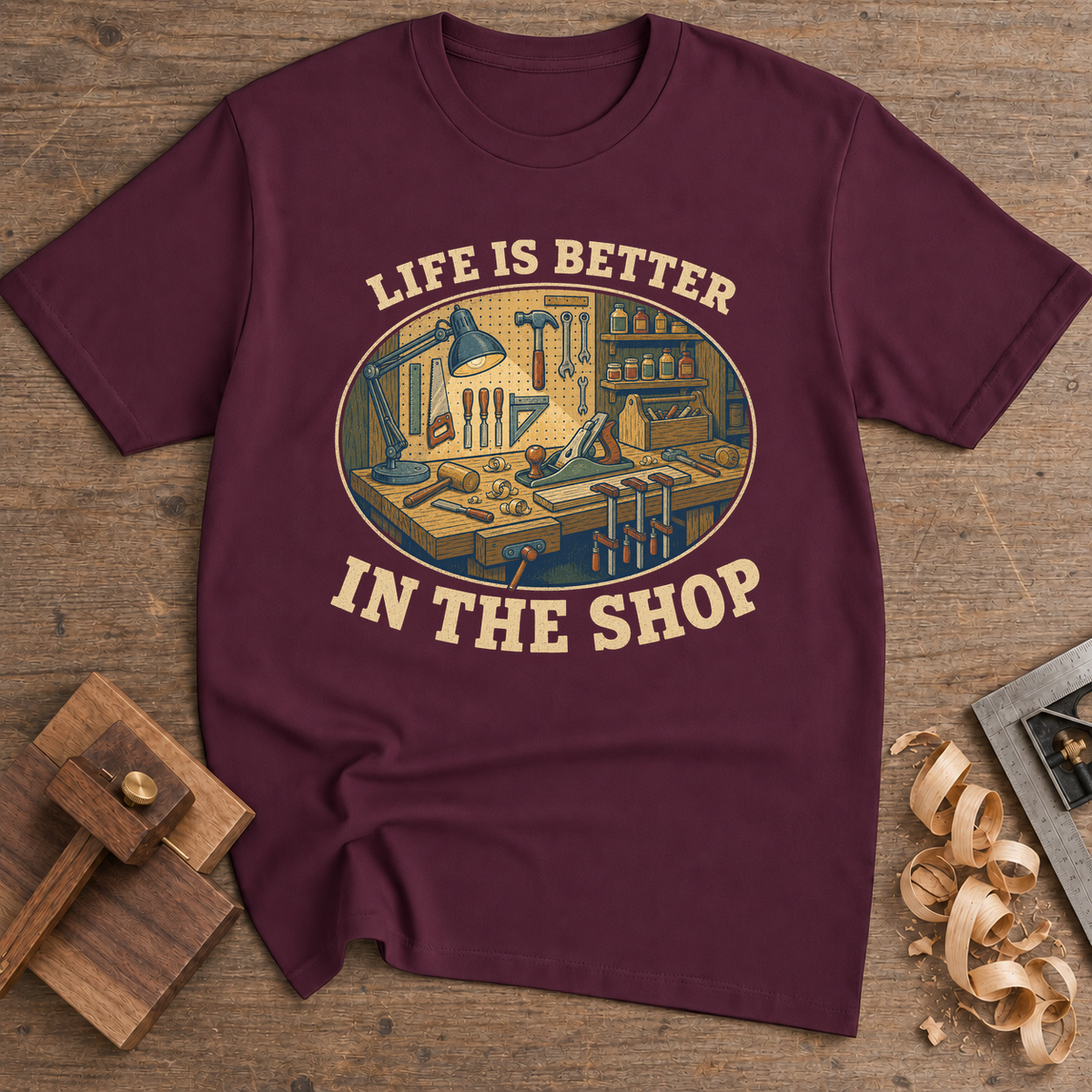 Life Is Better in the Shop T-Shirt — Maroon