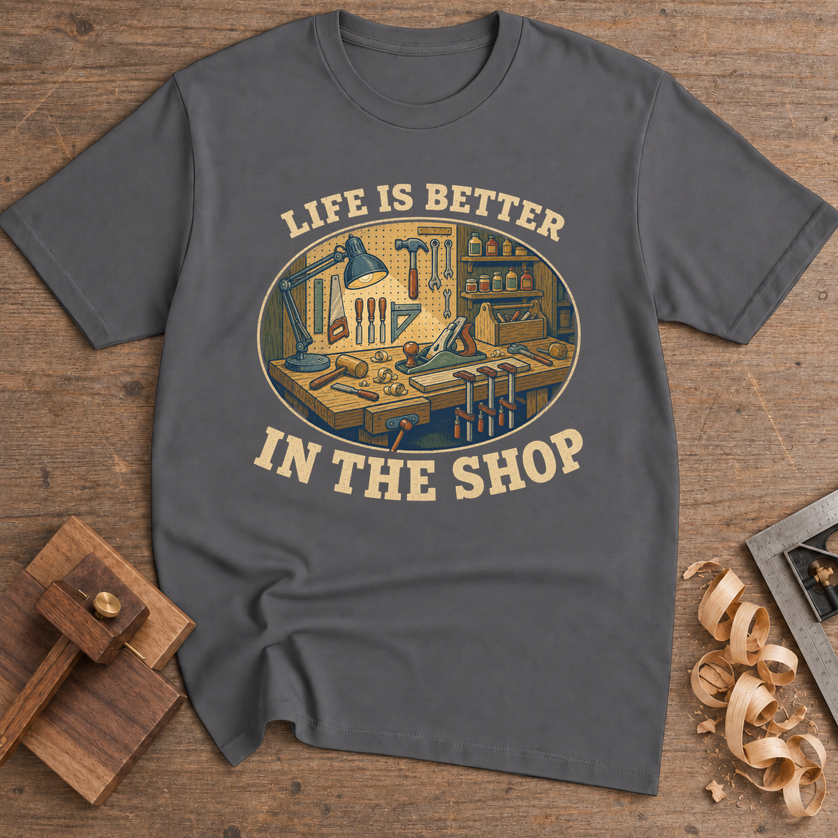 Life Is Better in the Shop T-Shirt — Charcoal