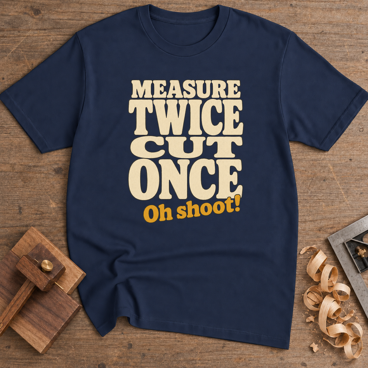 Measure Twice Cut Once Oh Shoot T-Shirt — Navy