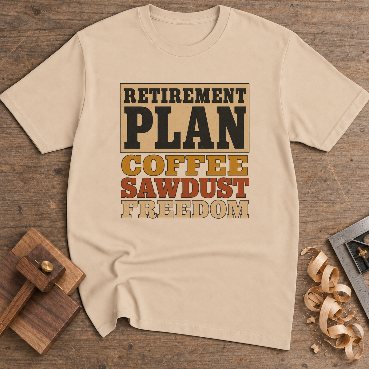 Retirement Plan Coffee Sawdust Freedom T-Shirt — Natural