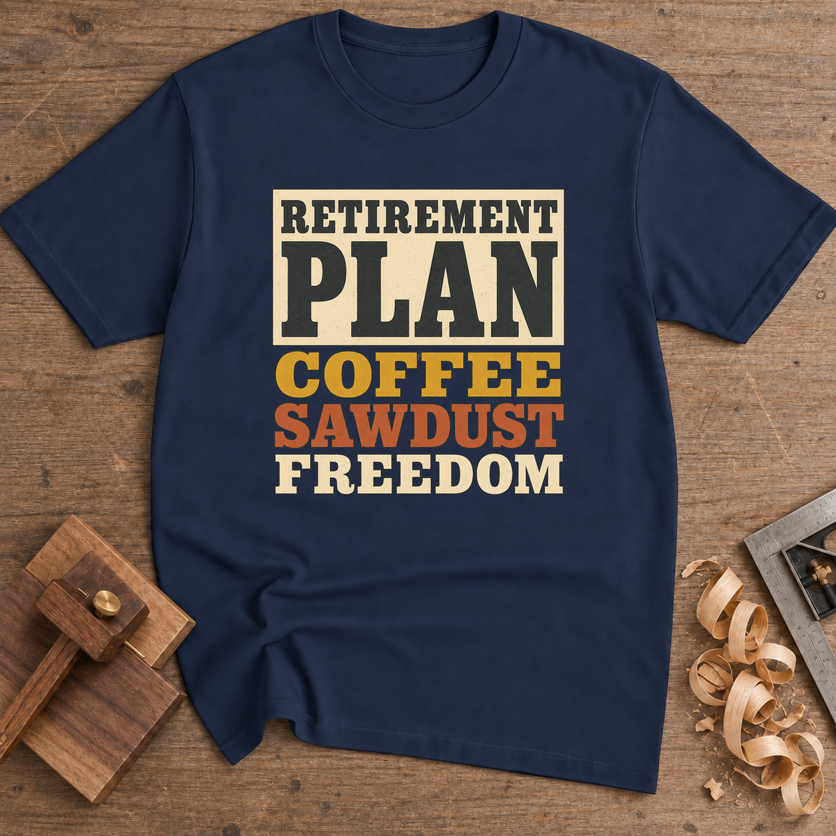 Retirement Plan Coffee Sawdust Freedom T-Shirt — Navy
