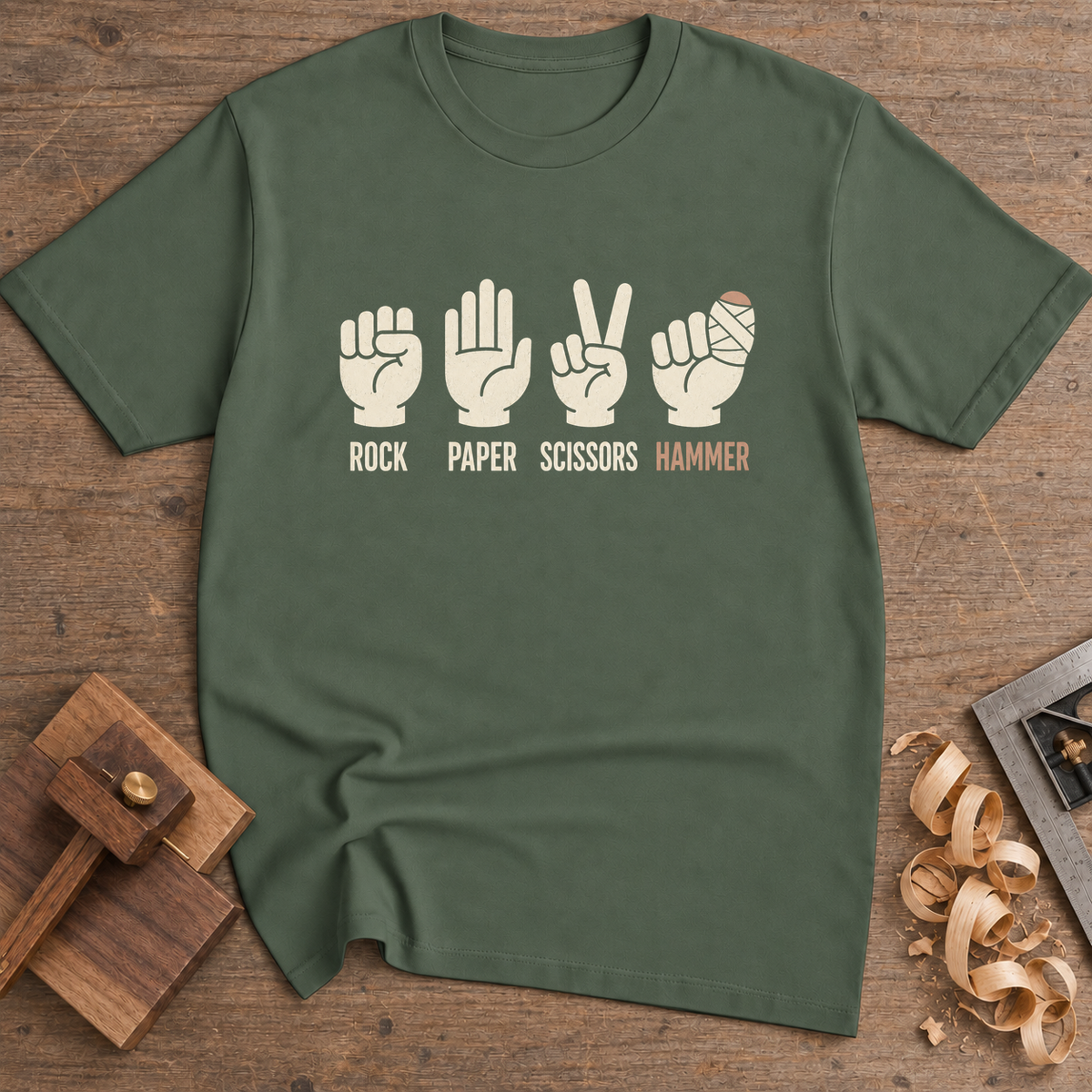 Rock Paper Scissors Hammer T-Shirt — Military Green