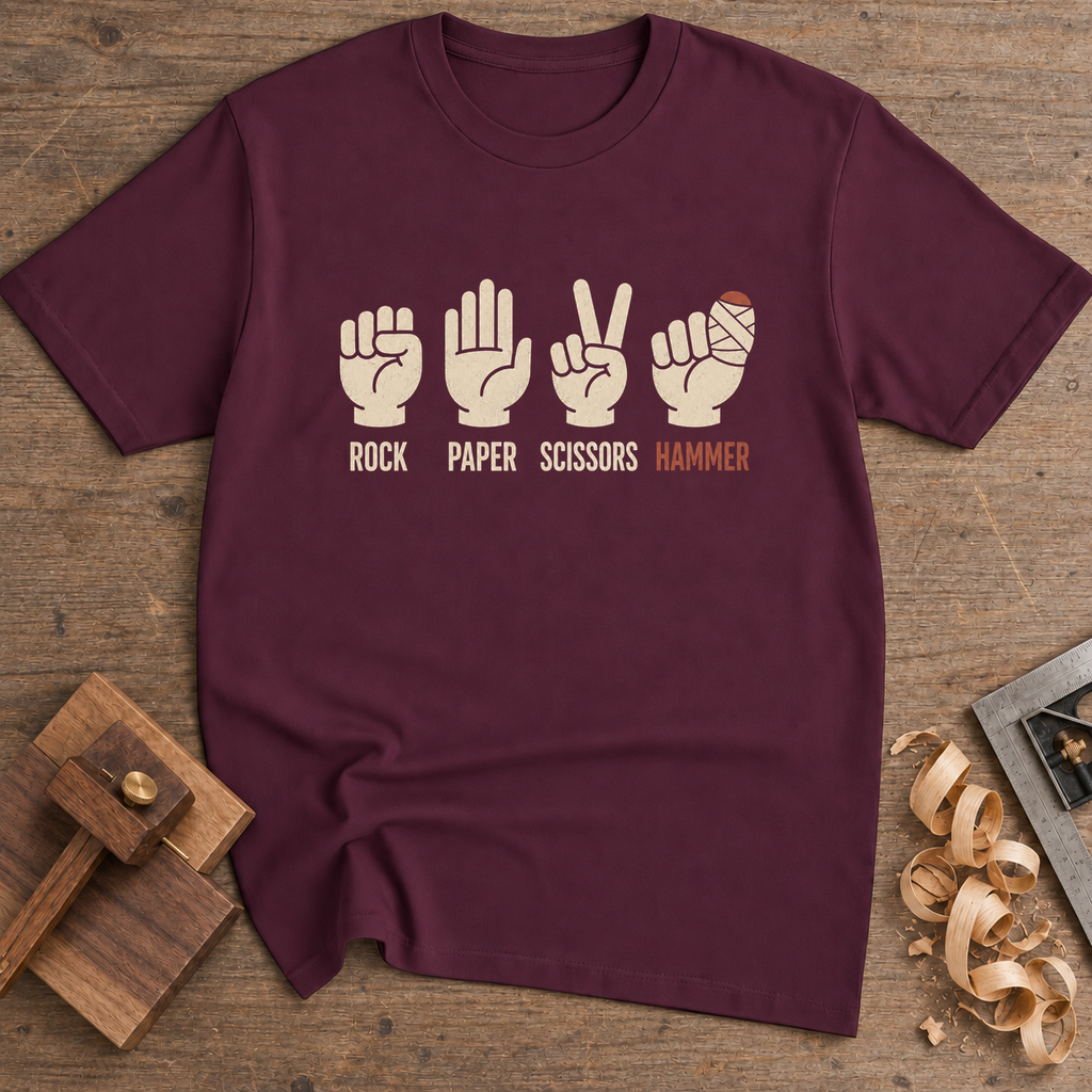 Rock Paper Scissors Hammer T-Shirt — Maroon