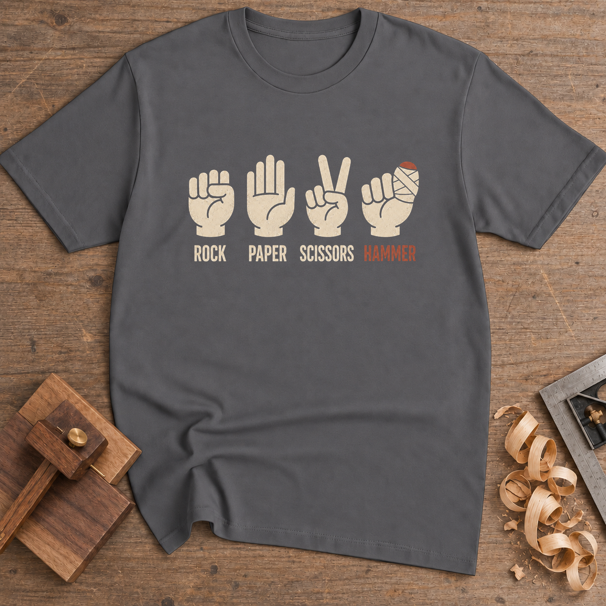 Rock Paper Scissors Hammer T-Shirt — Charcoal