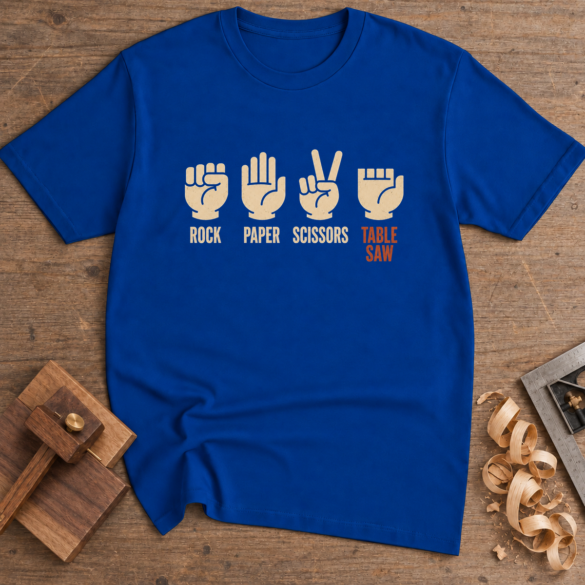 Rock Paper Scissors Table Saw Icons T-Shirt — Royal