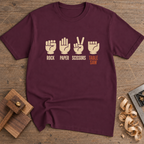 Rock Paper Scissors Table Saw Icons T-Shirt — Maroon
