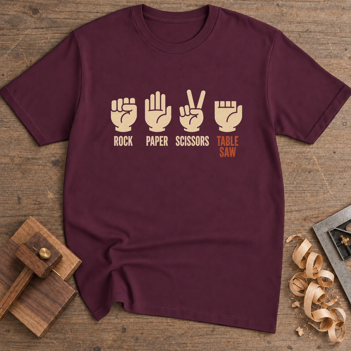 Rock Paper Scissors Table Saw Icons T-Shirt — Maroon