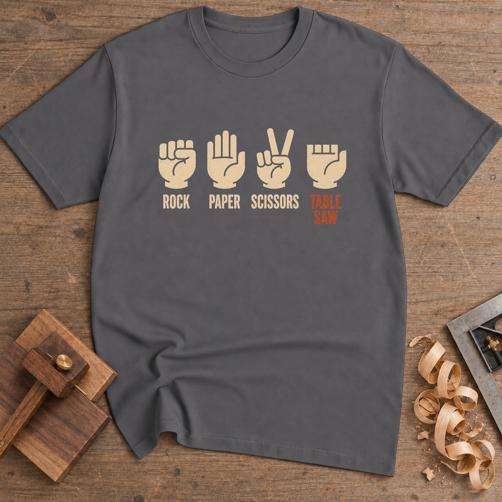 Rock Paper Scissors Table Saw Icons T-Shirt — Charcoal