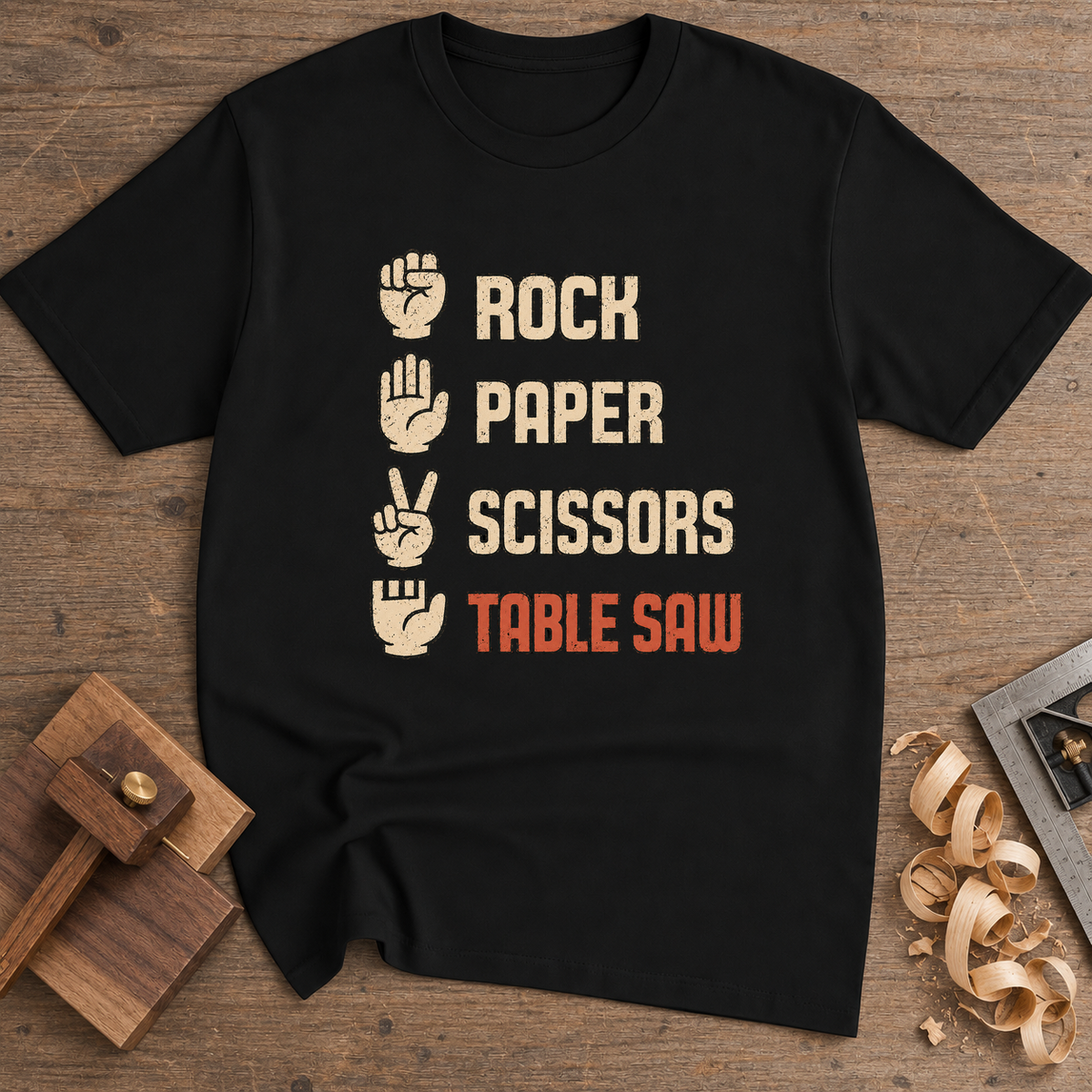 Rock Paper Scissors Table Saw T-Shirt — Black