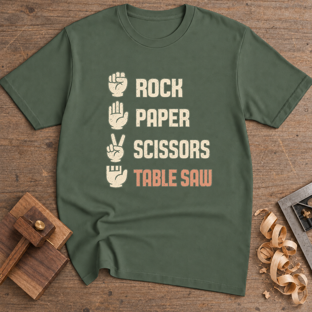 Rock Paper Scissors Table Saw T-Shirt — Military Green