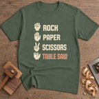 Rock Paper Scissors Table Saw T-Shirt — Military Green