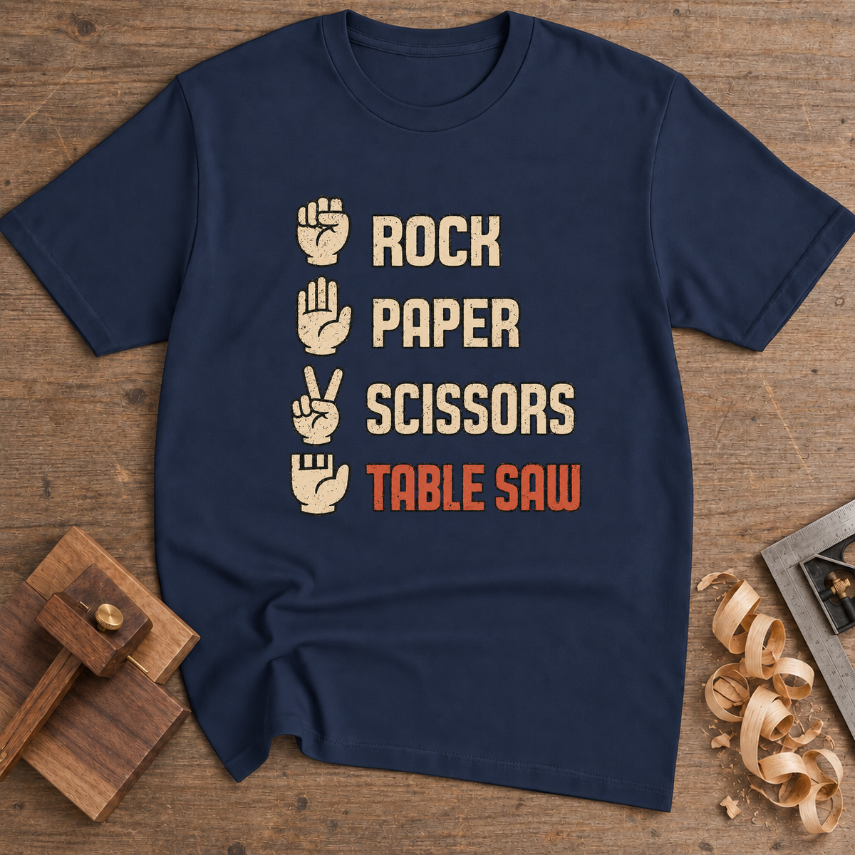 Rock Paper Scissors Table Saw T-Shirt — Navy