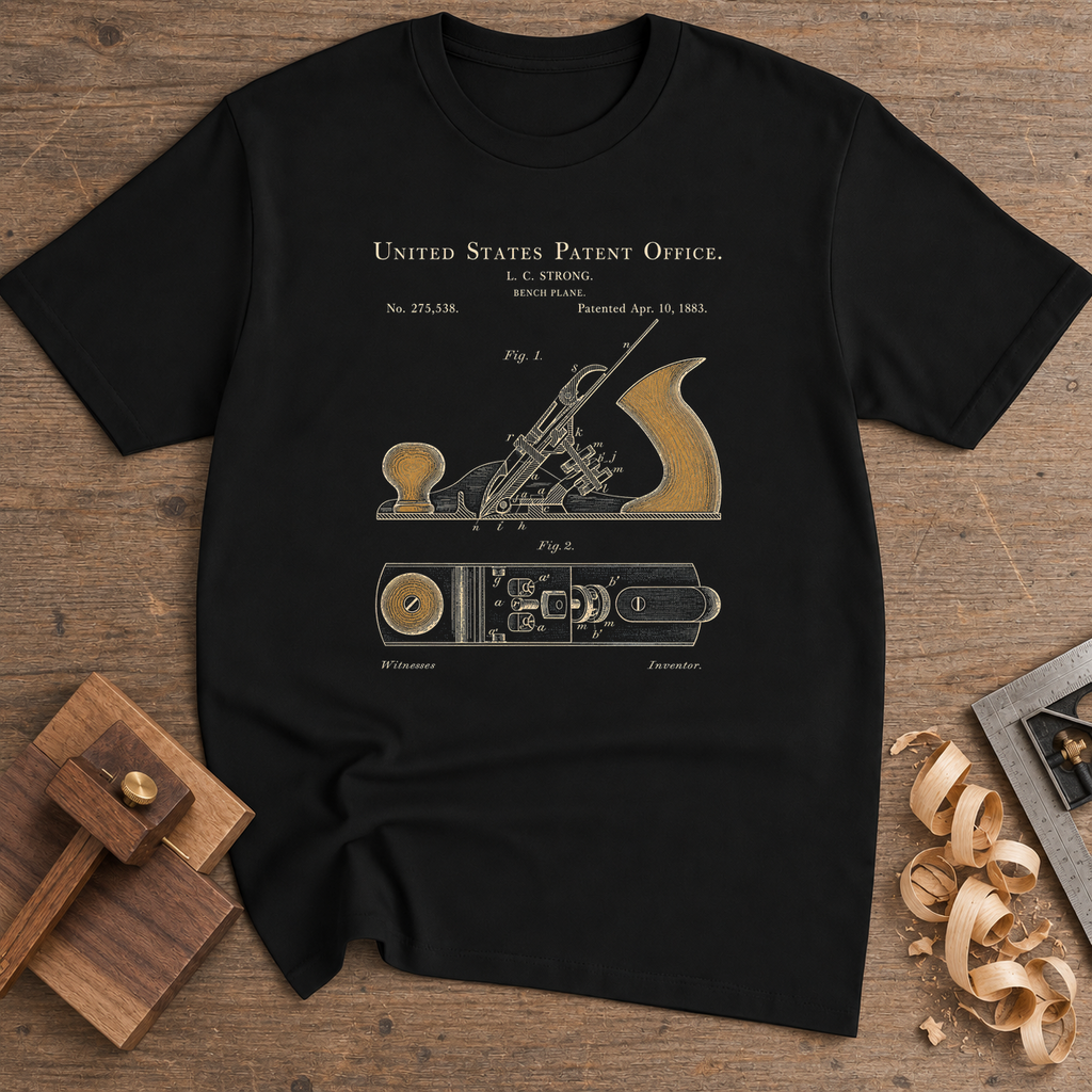 Vintage Bench Plane Patent T-Shirt — Black