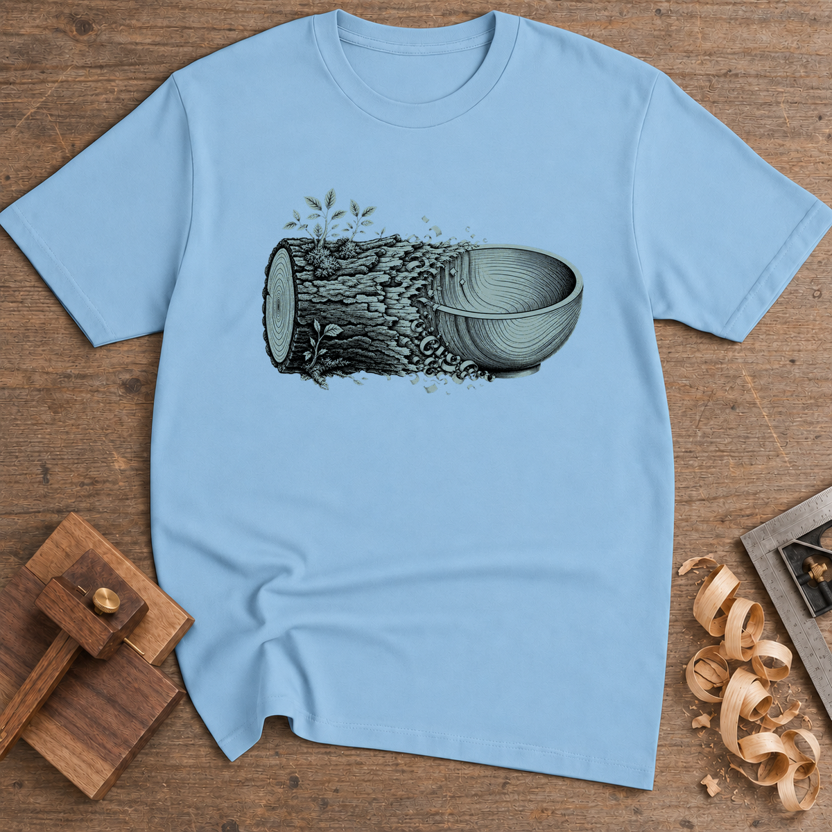 Woodturning Bowl T-Shirt — Light Blue