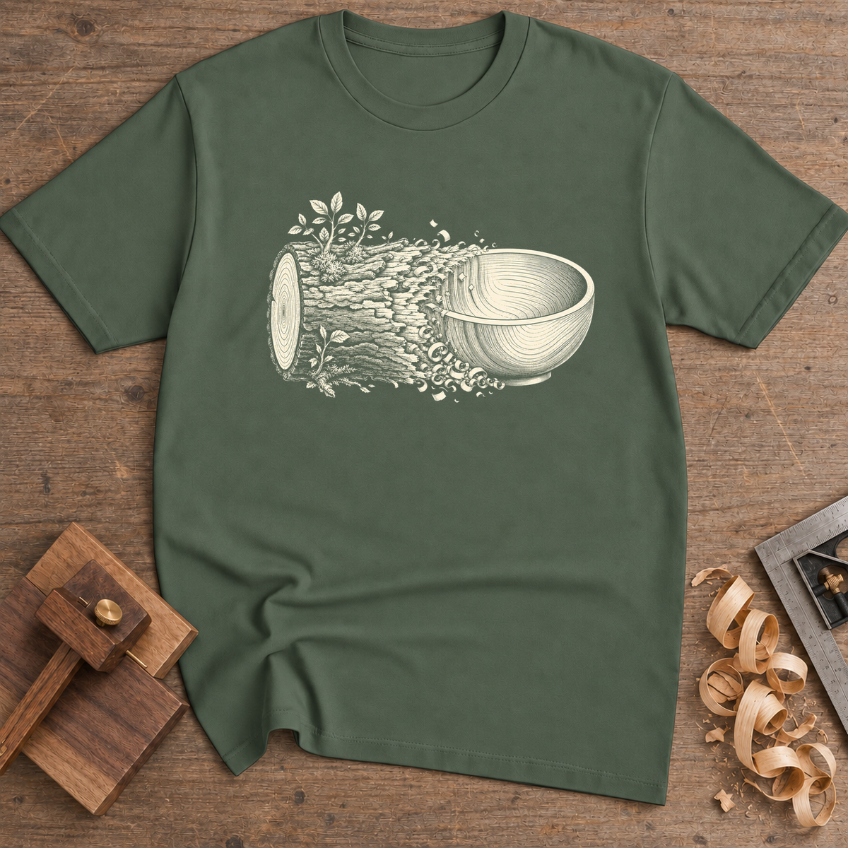 Woodturning Bowl T-Shirt — Military Green