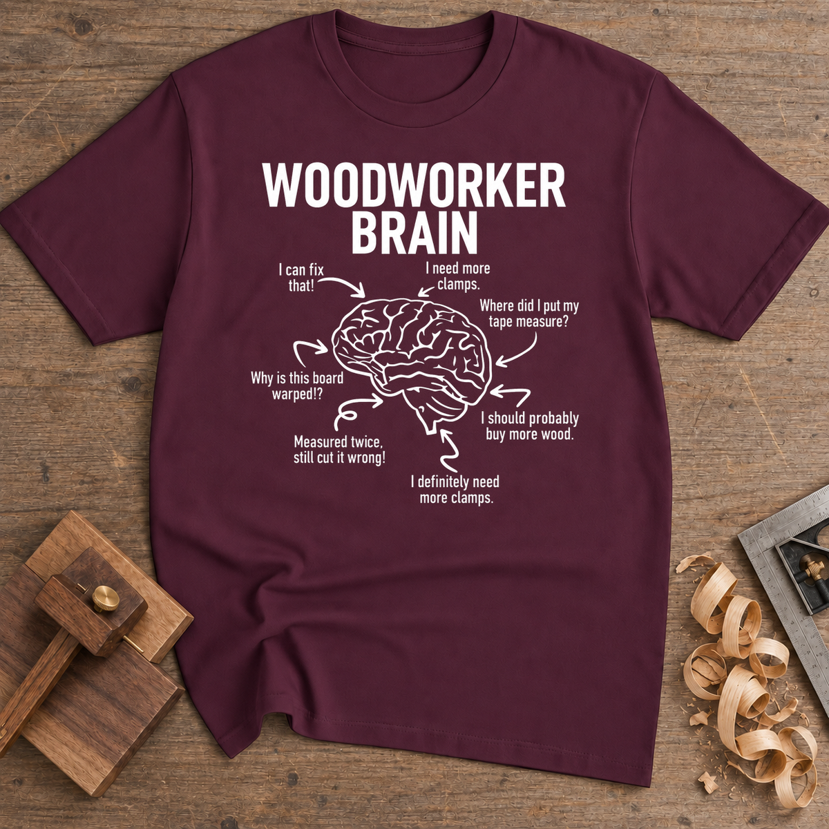 Woodworker Brain T-Shirt — Maroon