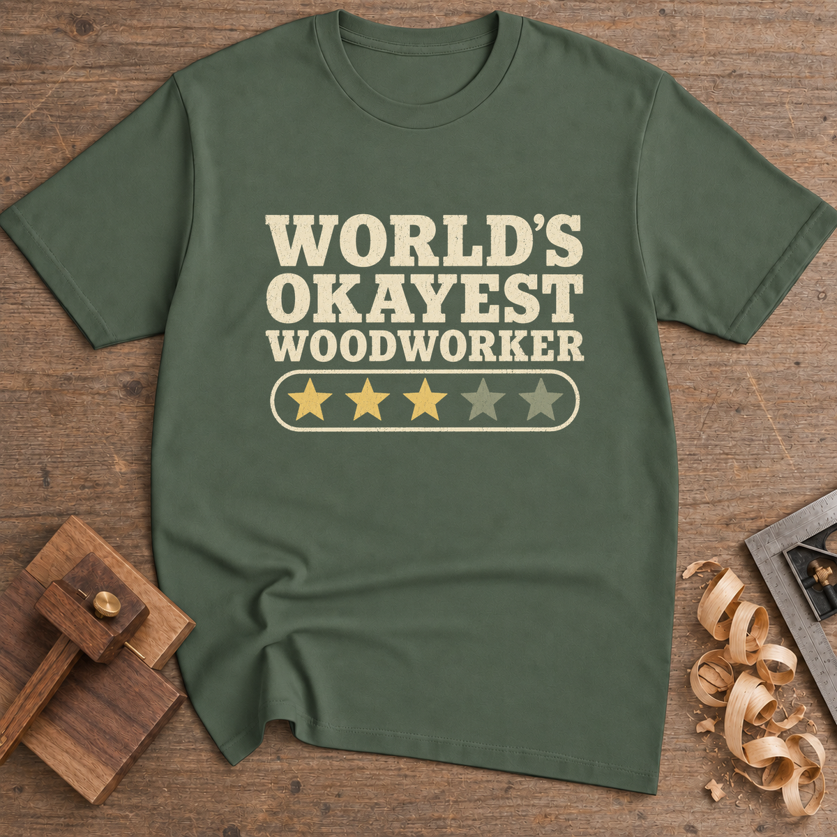 World's Okayest Woodworker T-Shirt — Military Green