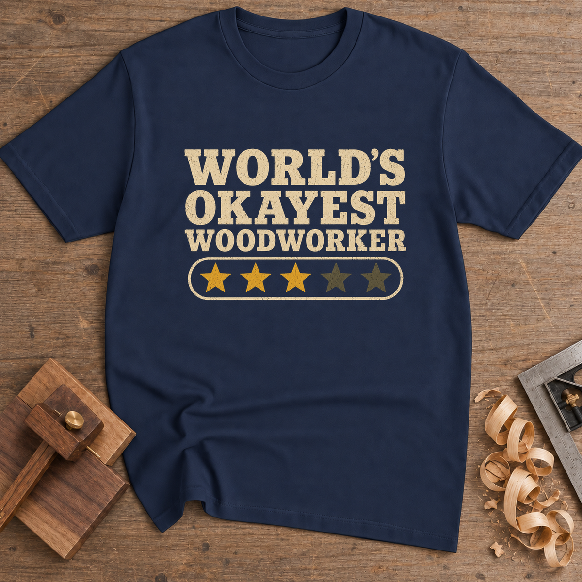 World's Okayest Woodworker T-Shirt — Navy