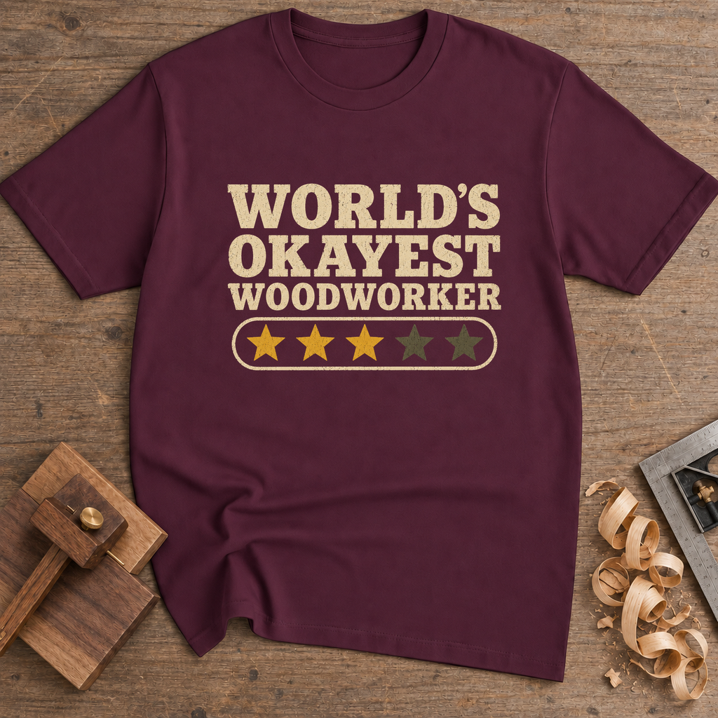 World's Okayest Woodworker T-Shirt — Maroon
