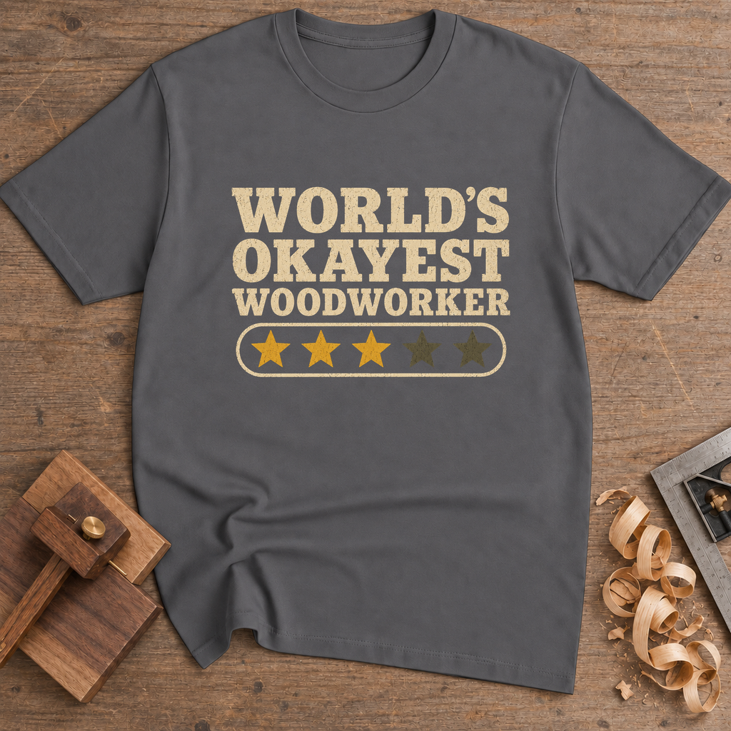 World's Okayest Woodworker T-Shirt — Charcoal